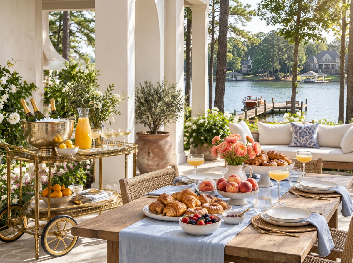 A bright brunch table with pastries and a champagne cart beside Lake Norman