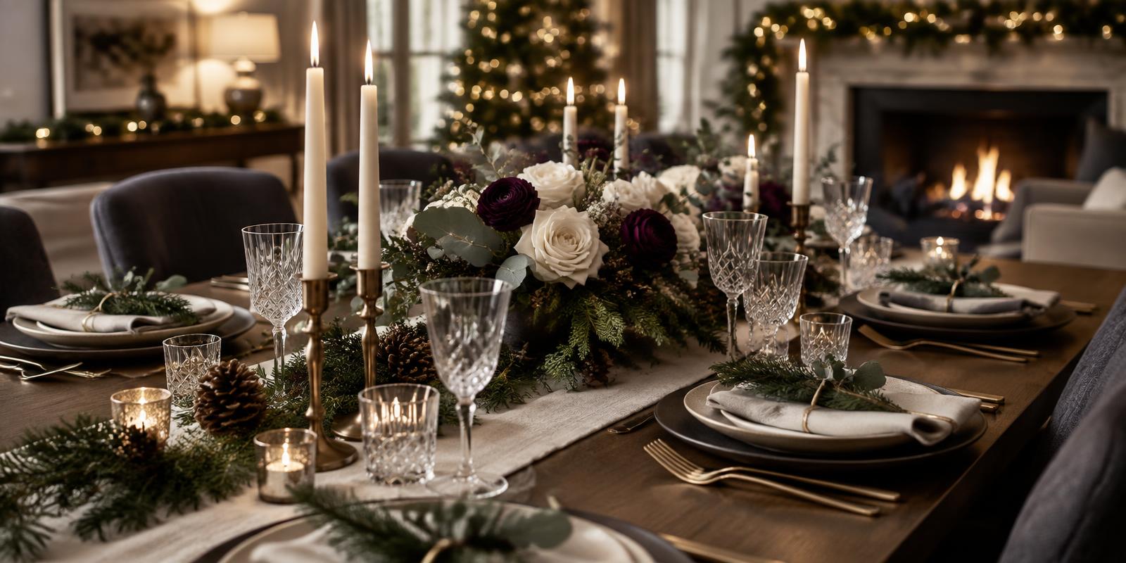 Holiday dinner table styled with evergreen, candles, pinecones and plum blooms beside a fireplace